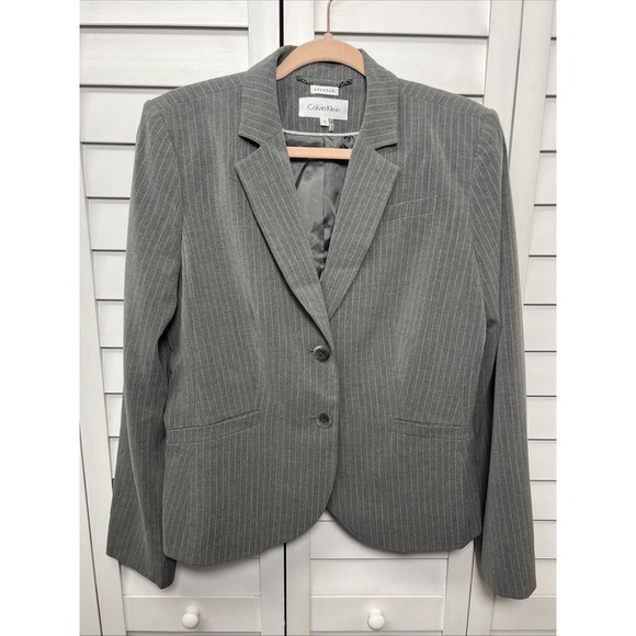 Calvin Klein Pinstripe Two Button Lined Stretch Blazer Size 12 Gray & White - Picture 1 of 11